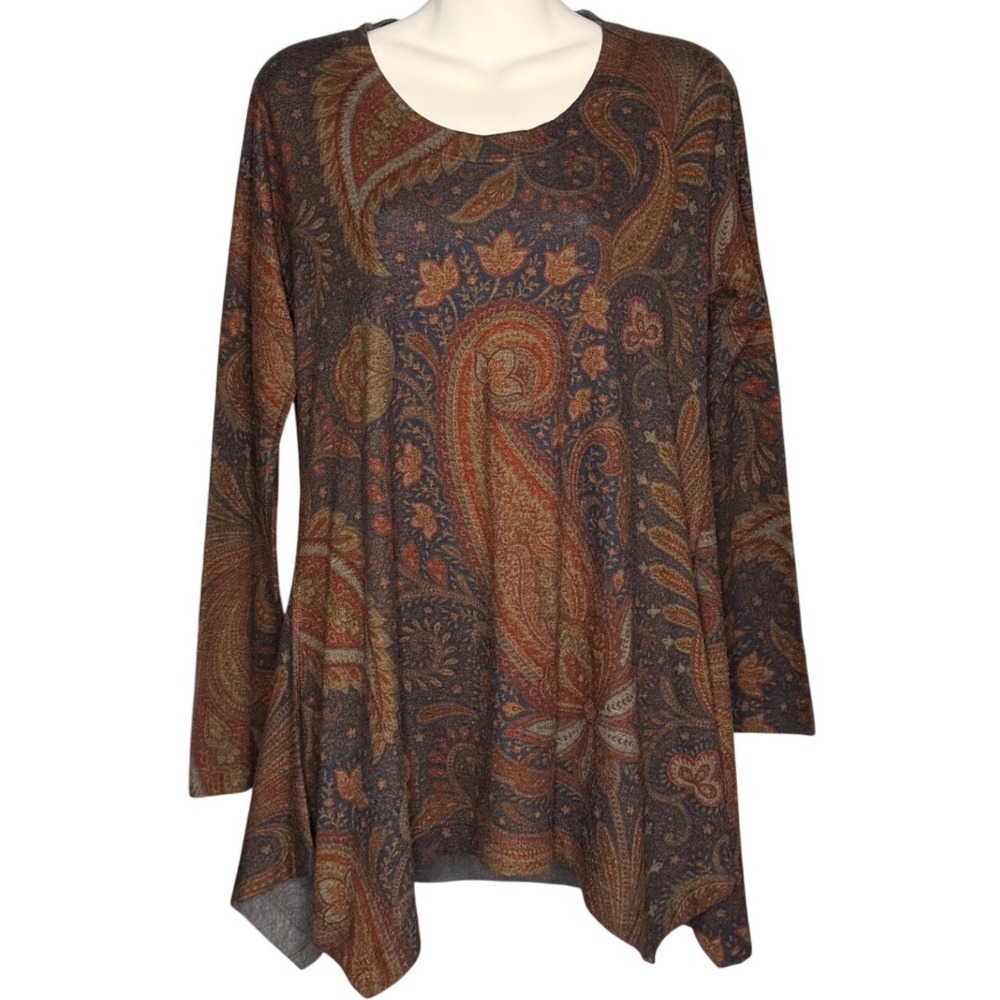 Soft Surroundings Women M Long Sleeve Knit Tunic Shark Bite Paisley Boho Flowy